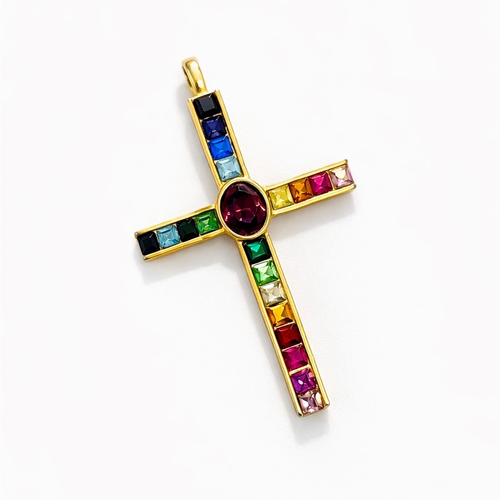Multicolor Gemstone Gold Cross Pendant